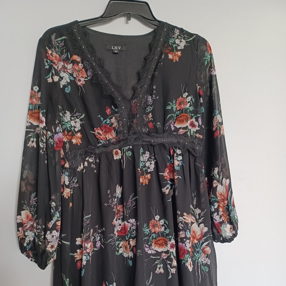 Black Floral Dress With Lace Embellishment